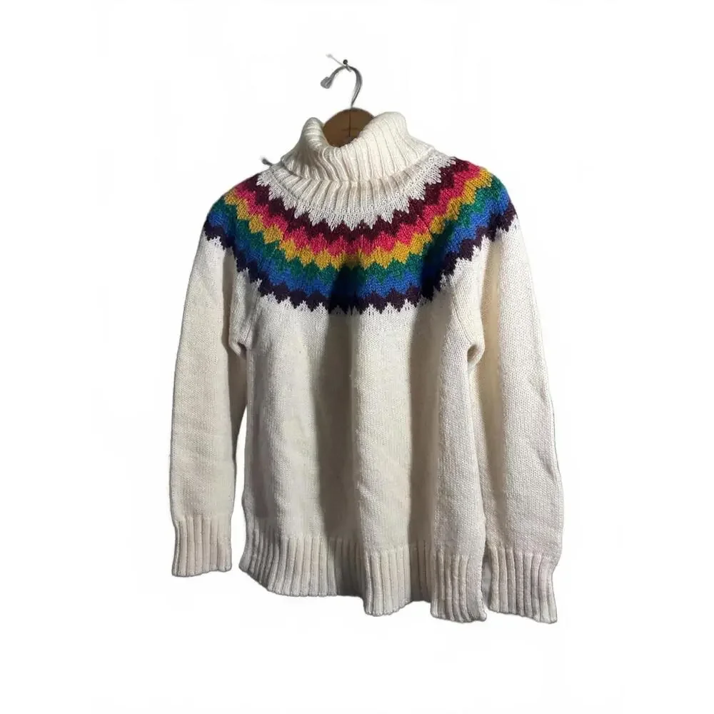 Alya White Wool Blend Turtleneck Sweater with Colorful Pattern Large - Picture 10 of 10